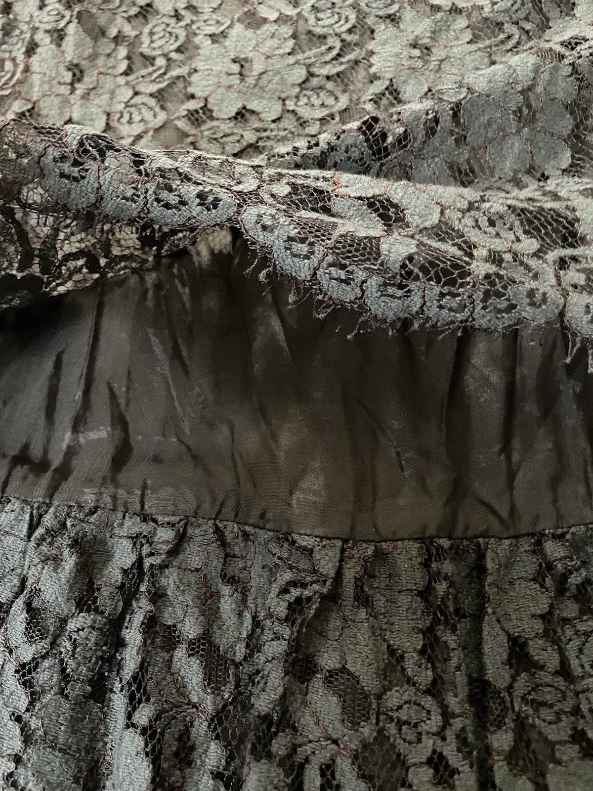 Vtg 70s Layered Floral Lace Dress Sz 4 Gray-Black Balloon Sleeve Ruffles Classic