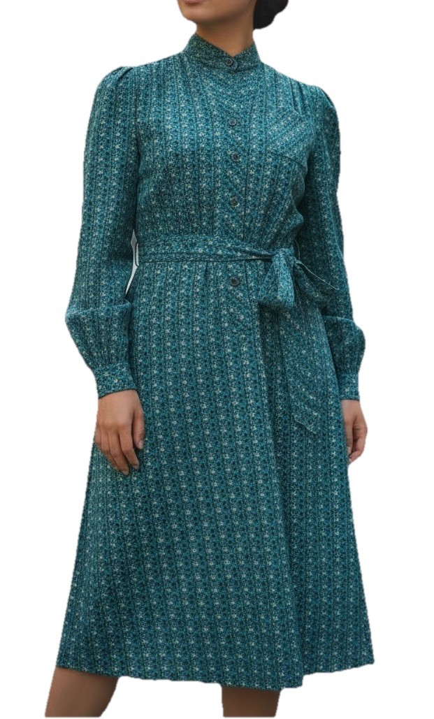 Vintage 90s Teal Geometric Print Tie Waist Midi Dress Long Sleeve Petite Size 6