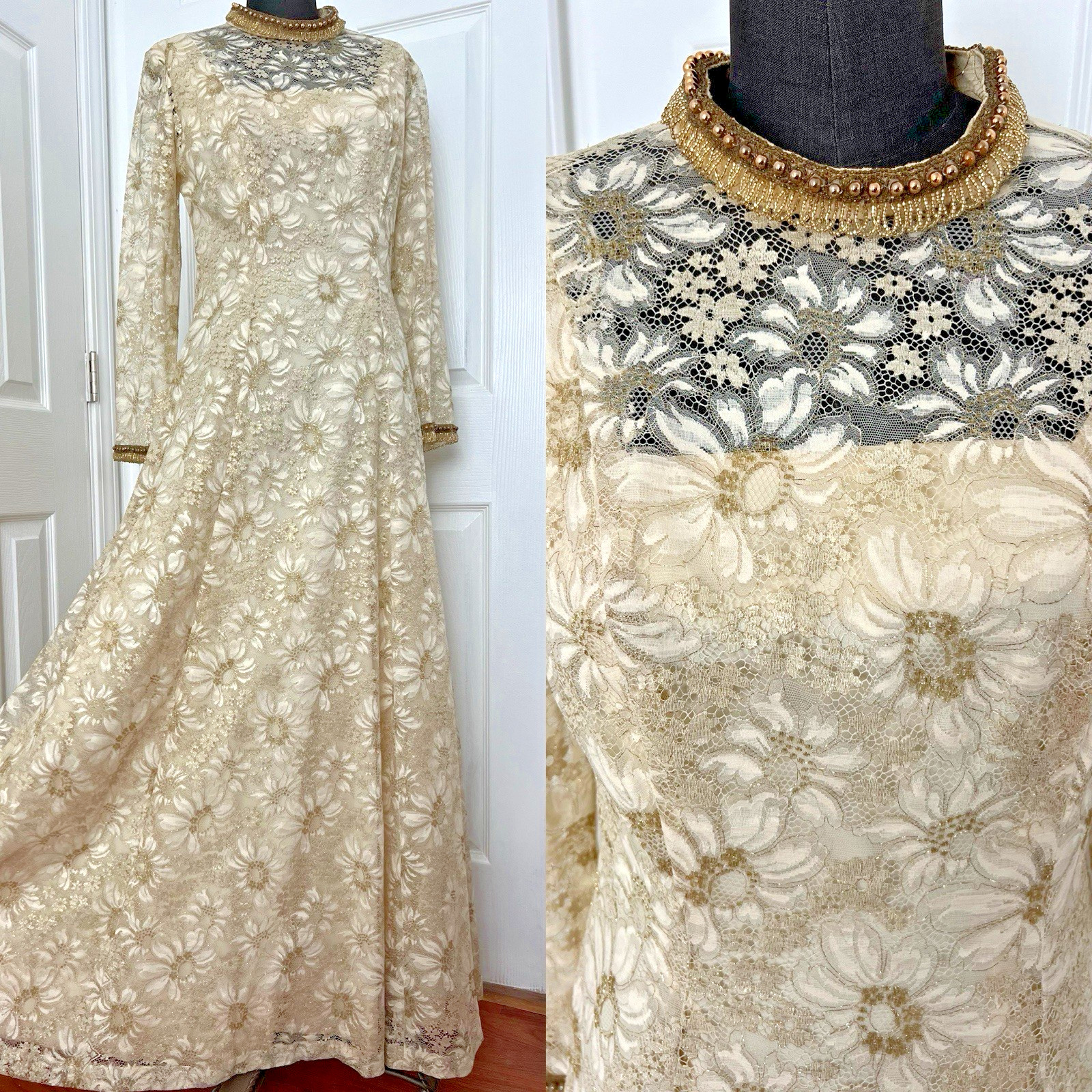 Vintage 1960’s Cream Gold Metal Lace Floral Hippie Boho Dress Gown + Slip Medium