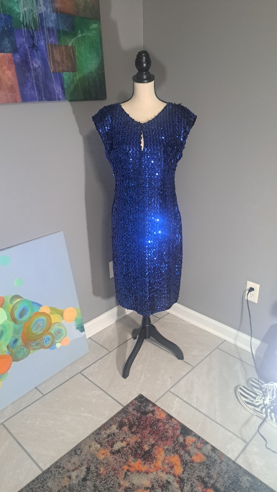 Vintage 1980’s Glenrob Blue And Black Sequin Midi Dress With Cutout On Chest