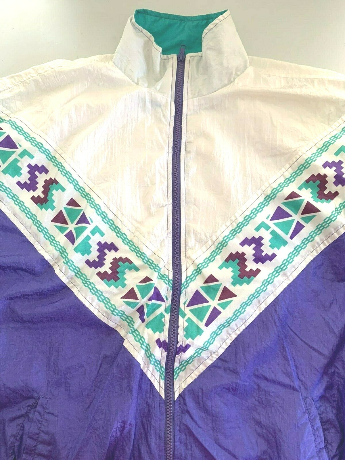 Vtg 80s Women L Windbreaker Track Jacket Lined Purple Teal Retro Swifty Boho