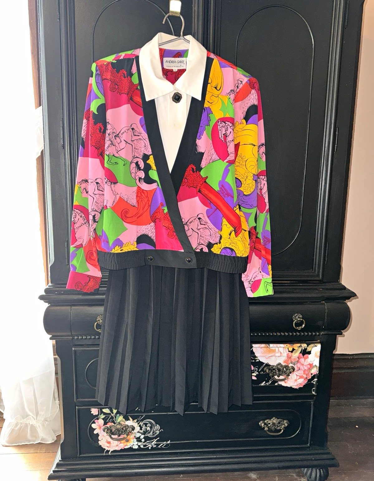 Andrea Gayle 2-Piece Skirt Suit Set Size 12 Multicolor Jacket Black Skirt