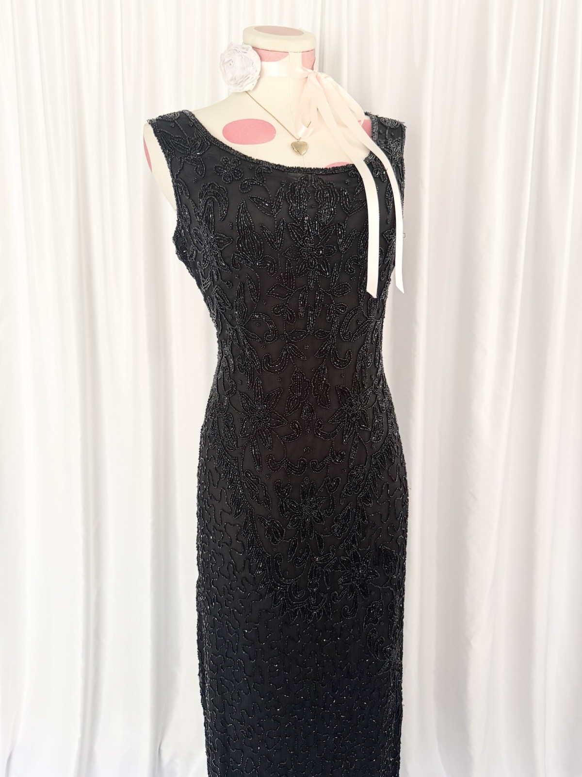 Vintage 90s Black Beaded Fairy Formal Gown Dress Maxi Evening Prom Silk XL