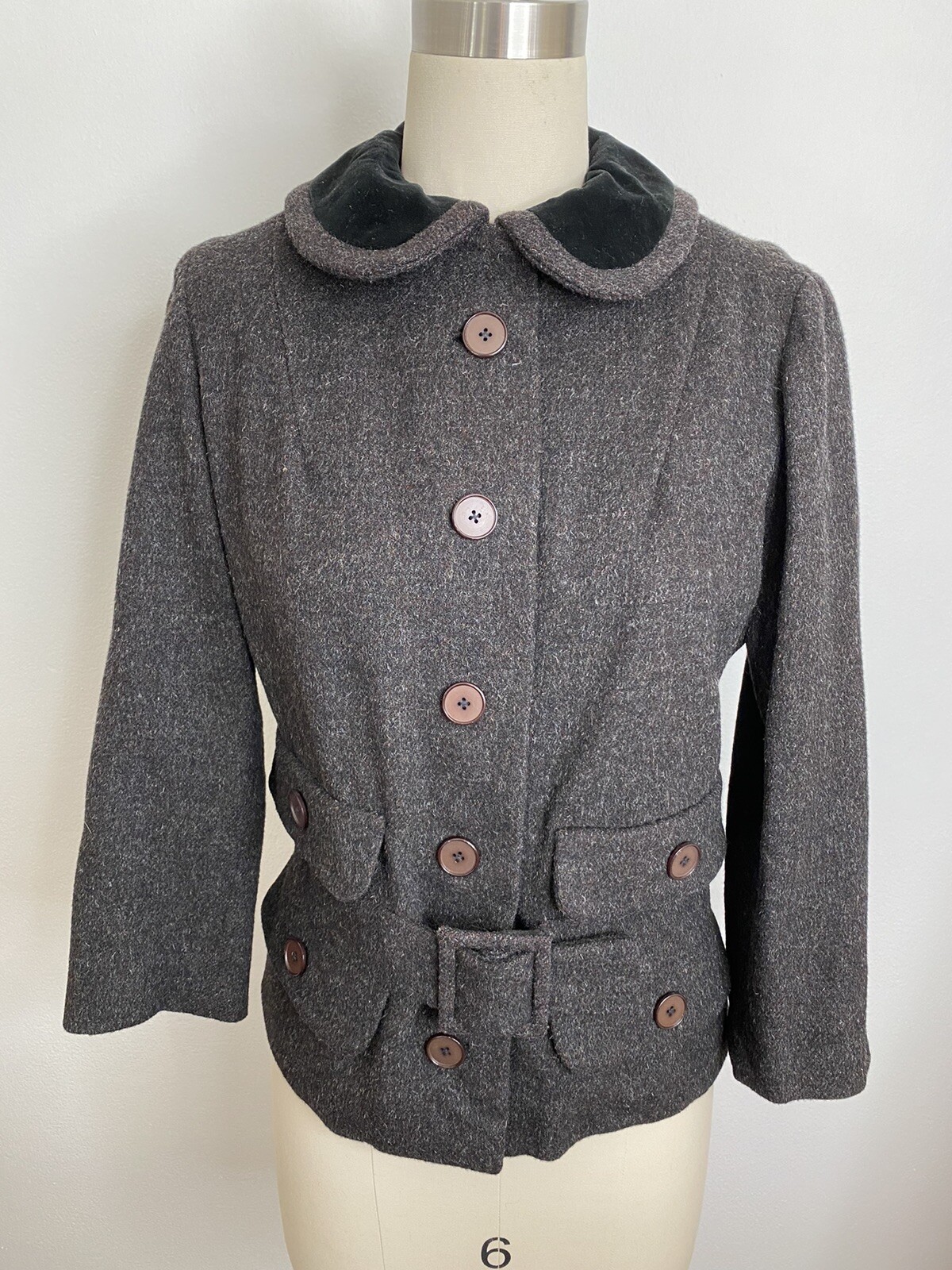 Vintage 50s 60s Sz S Sybil Zelker Polly Peck Wool Velvet Jacket Belt Grey Short