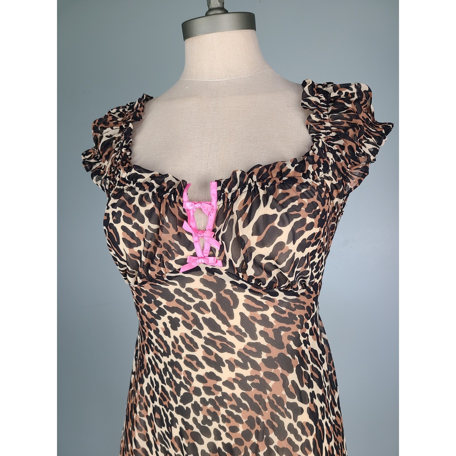 Y2K Betsey Johnson Sz S Mini Babydoll Dress Leopard Print Hot Pink Bows It Girl