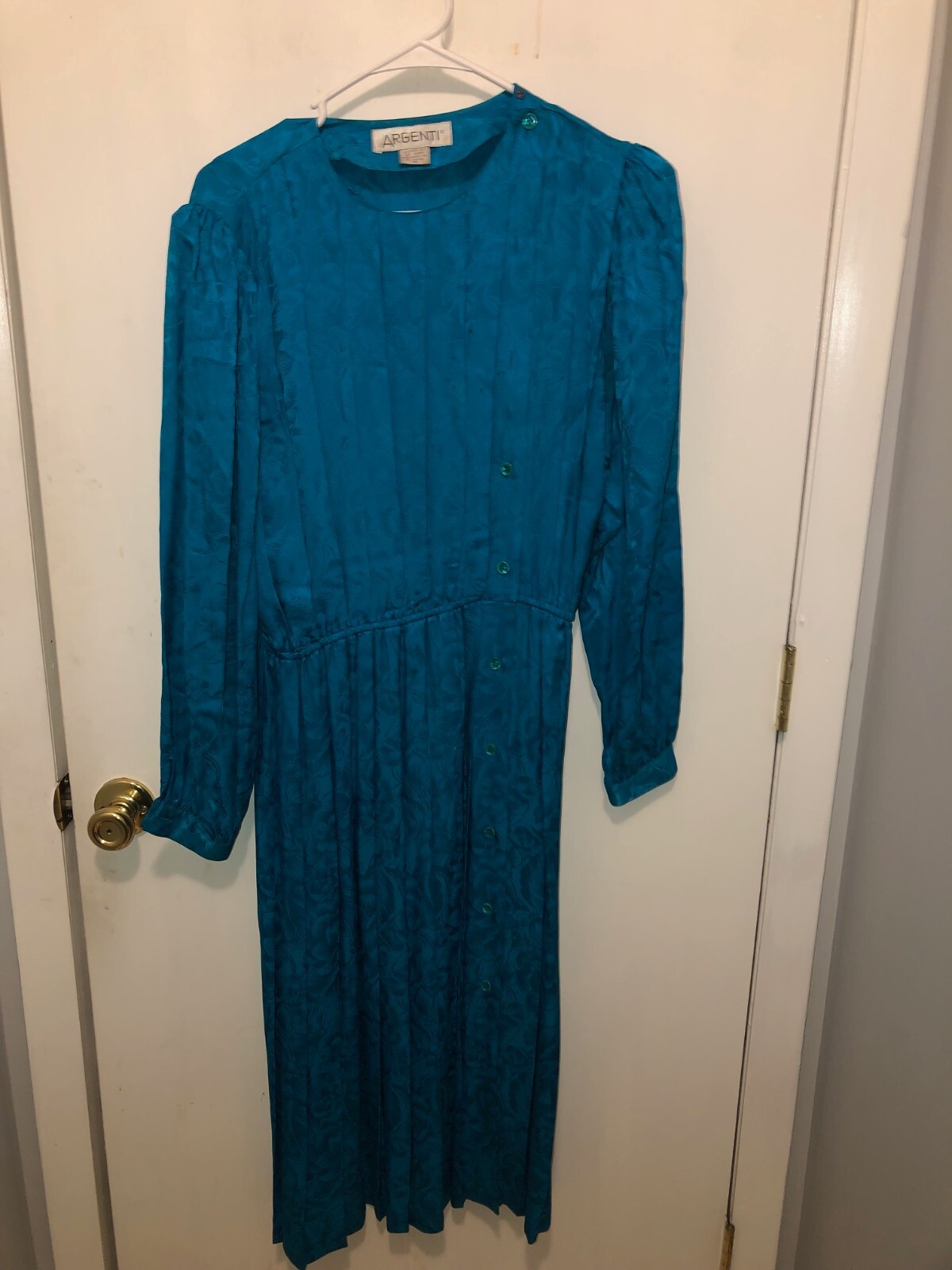 Vintage Argenti SZ 10 Pure Silk Dress Long Sleeve Pleated Teal 80s 90s Hong Kong