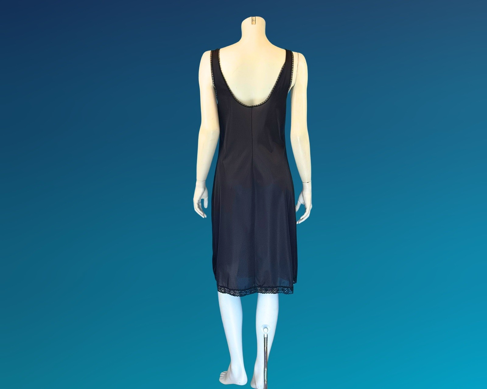 Vintage 60s 70s Black Lace Nylon Full Slip Dress | S M