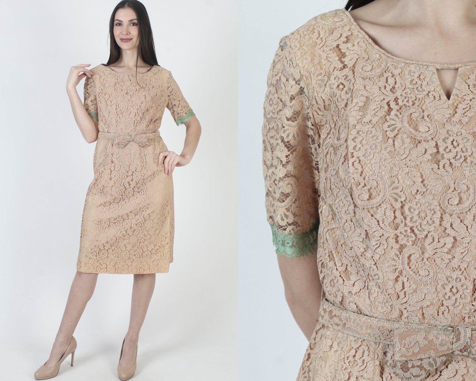 Vintage Belted 50s Dress Sheer Lace Illusion Deco Tea Length Pencil Skirt Pin Up
