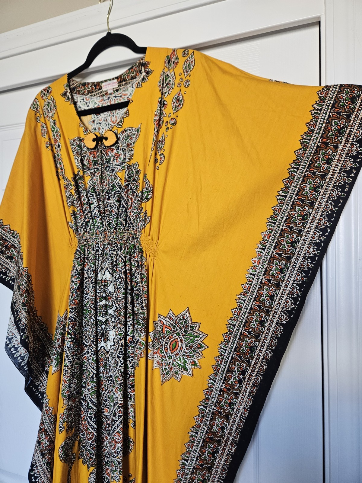 Vtg Thai Cotton Vibrant Yellow Printed Ethnic Asian Maxi Dress Kaftan XS