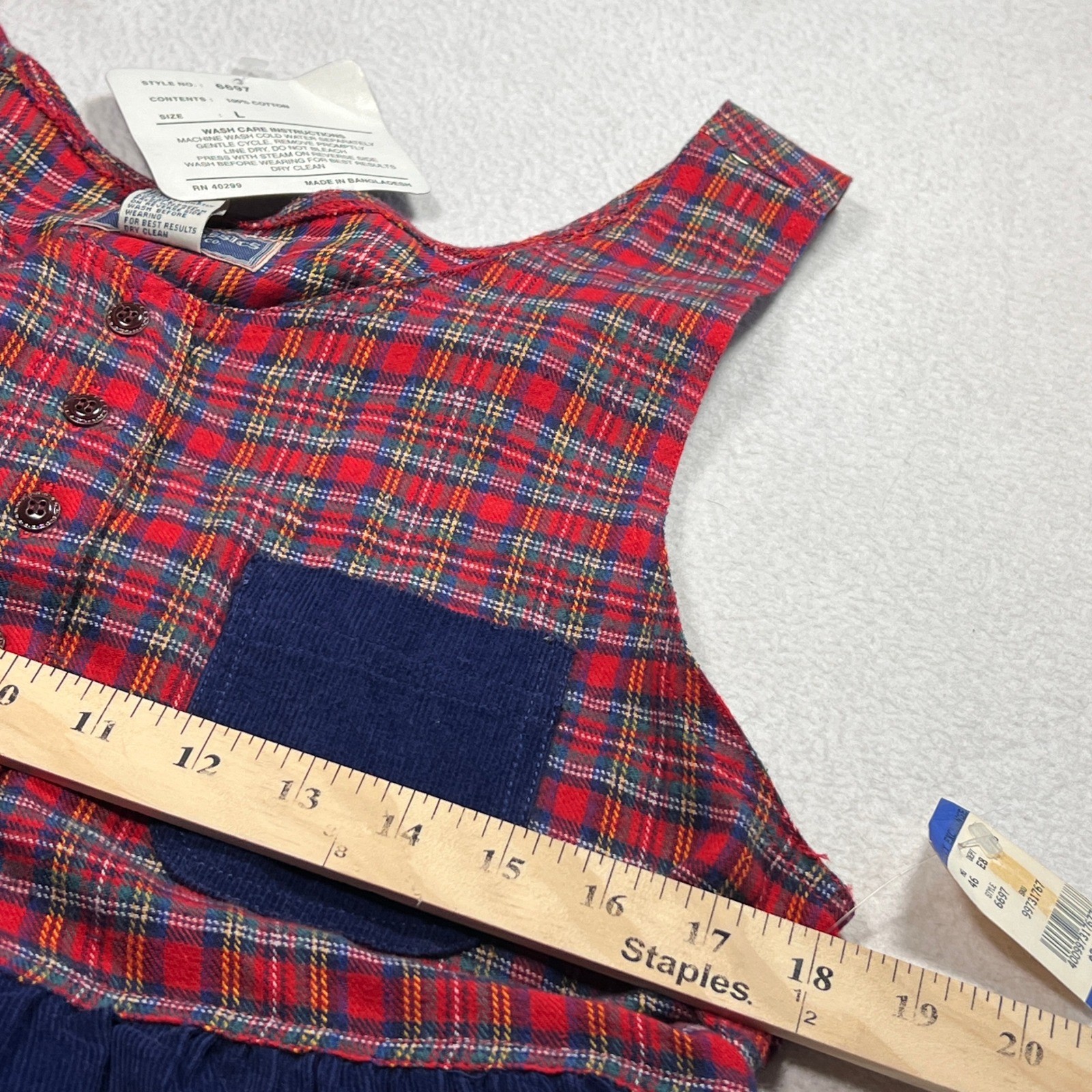 Vintage Erika Classics Dress Women Large Blue Red Plaid Corduroy Mixed Media NEW