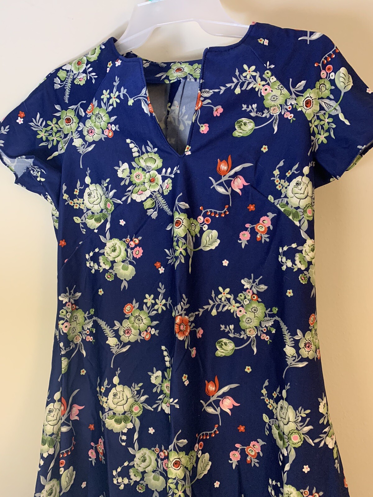 Vintage Late 60’s Early 70’s Handmade Mini Dress Dark Blue Floral Print