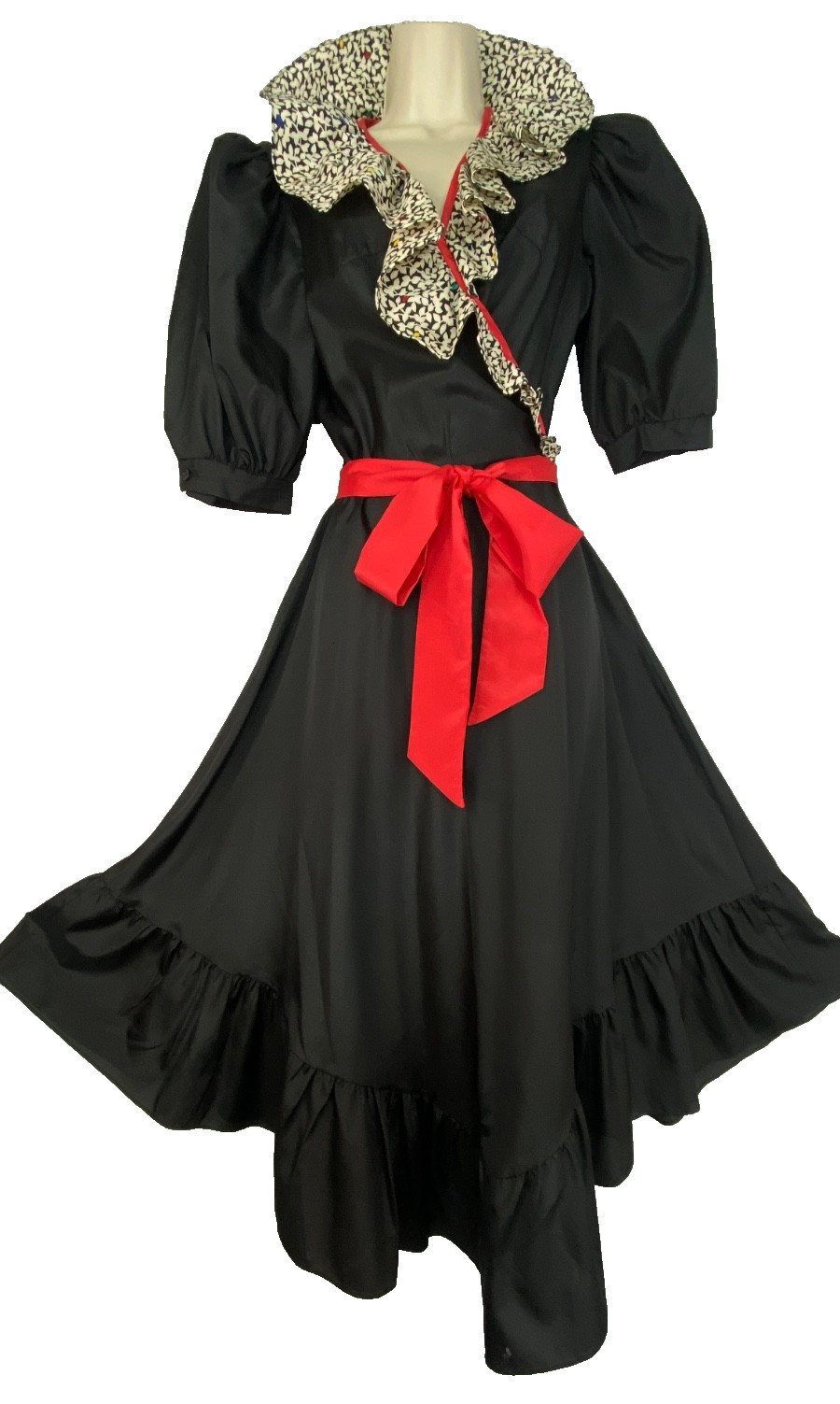 Vintage 1980s black white red midi dress 1940s Victorian puffed sleeves wrap