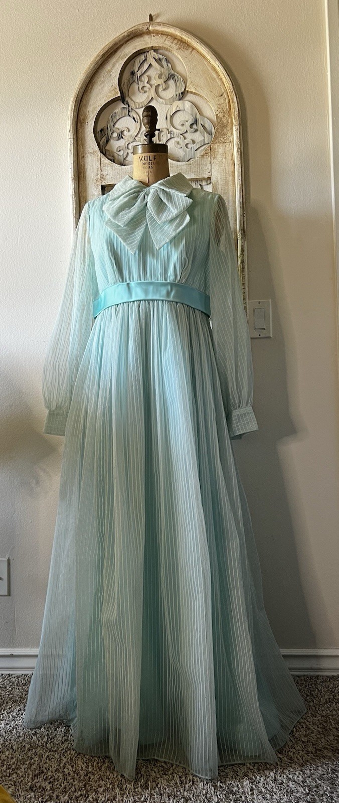 1960s-1970s Chiffon Maxi Dress Collared Long Sleeve Bow Front Handmade