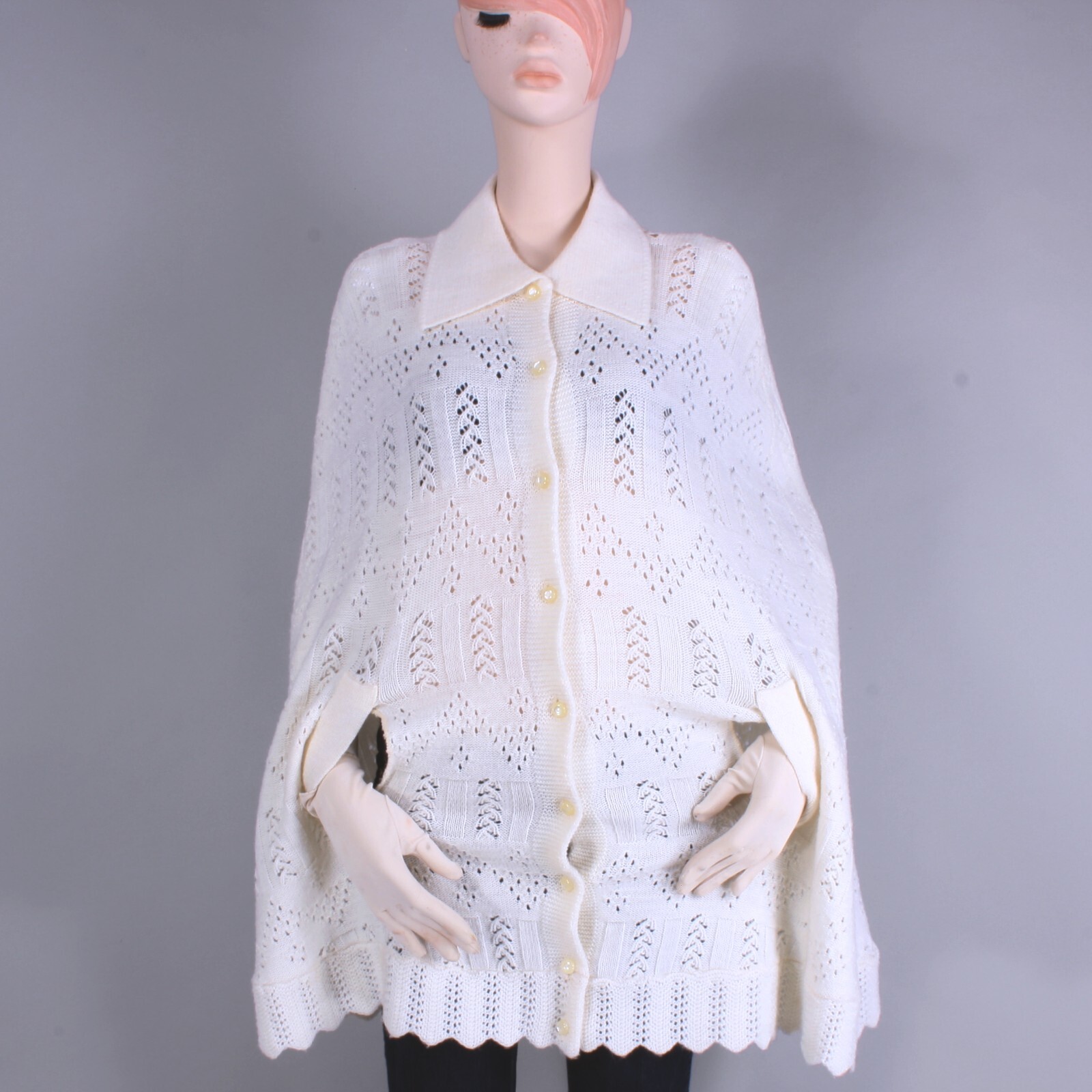 OSFM Vintage 50s Ivory Soft Knit Button Front Poncho Sweater Shawl 60s