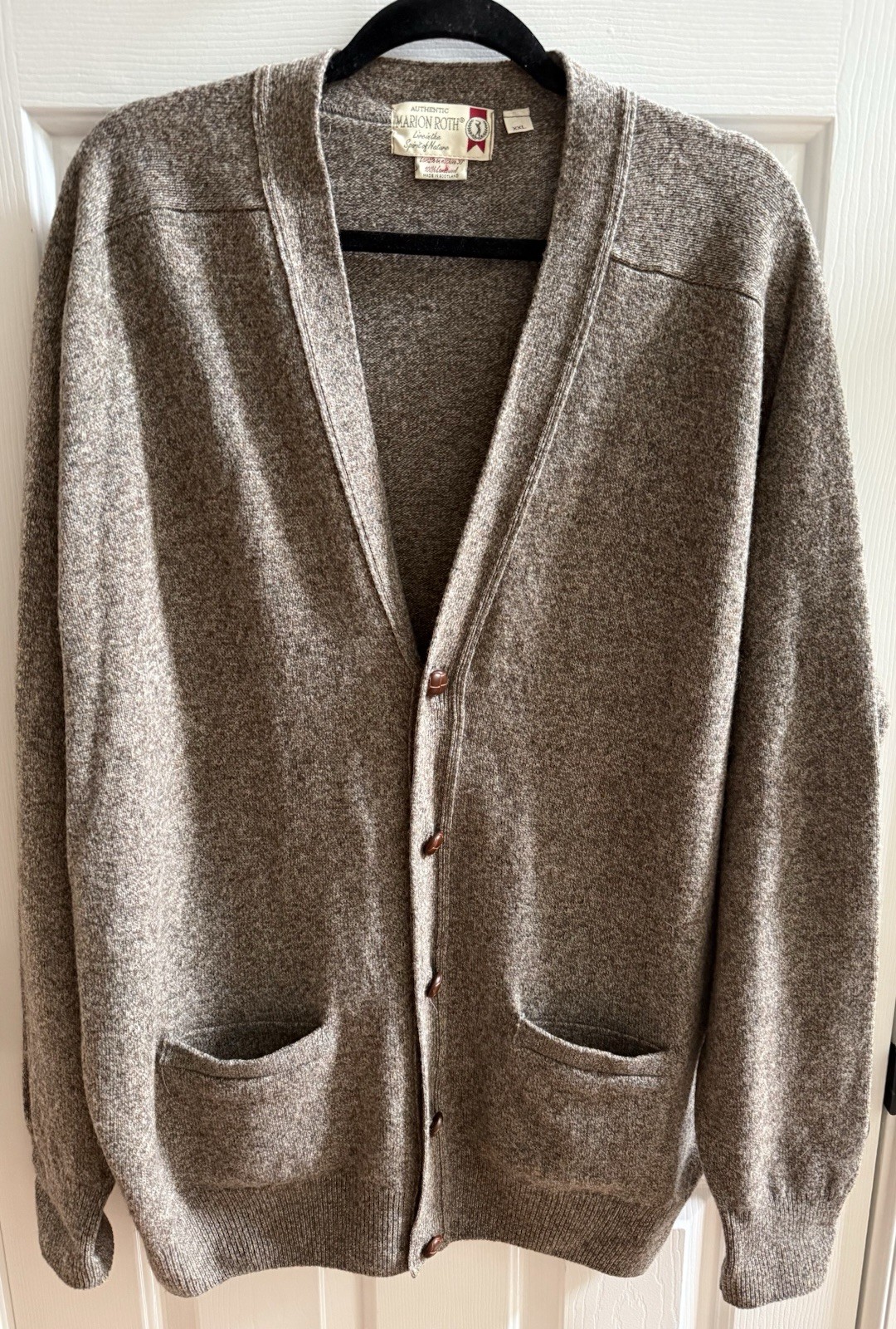 Vintage Marion Roth 100% Lambswool Cardigan Gray Brown Grandpa XXL Made Scotland