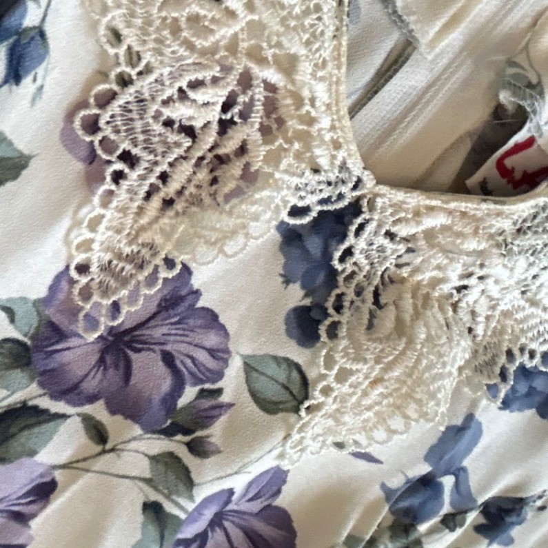 Vintage 90s L.A. Gal Maxi Dress White Blue Floral Lace Cottagecore USA Tea Party