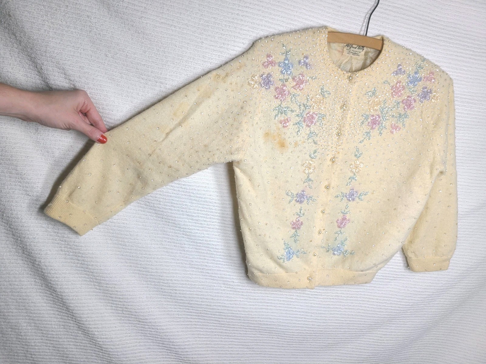1950s Beaded Cashmere Cardigan Silk Lined Cut Glass Alfred Wong Small Vintage
