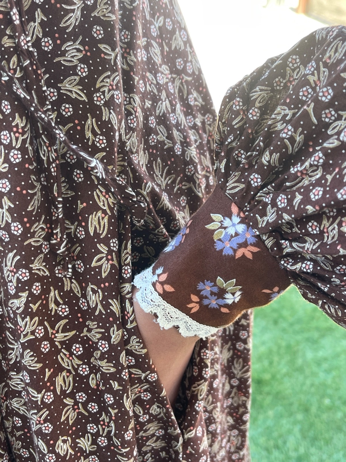 Vtg 1970s Gunne Sax Style Brown Calico Prairie Dress Ruffle Midi Small~Tag Cut