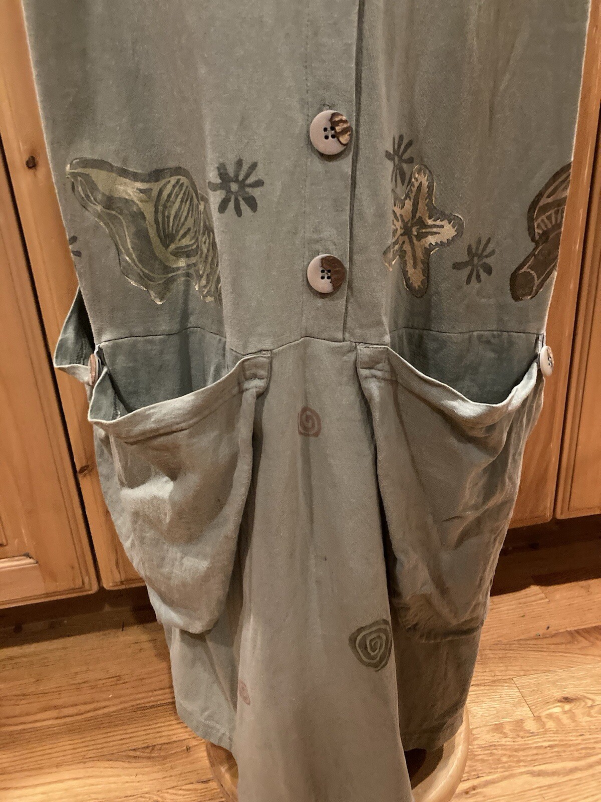 Art to Wear Blue Fish Vintage Organic Fun Dress Handpainted Pockets 1994 Sz 1