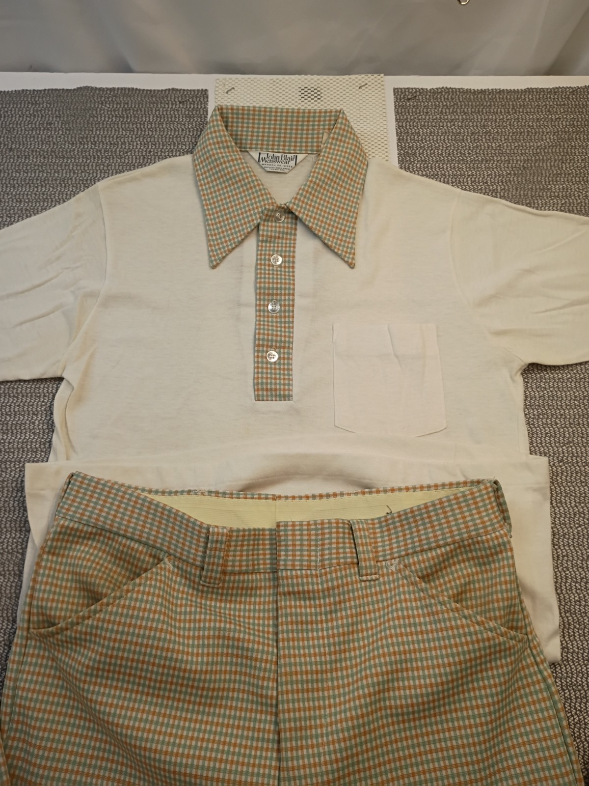 VTG 70s John Blair Menswear 2-piece Matching Set Plaid Flare Bell Bottoms W Polo