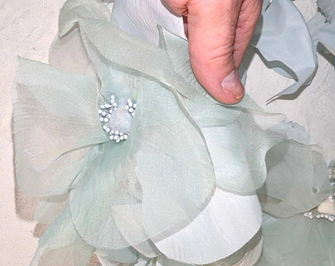 Gorgeous Vintage 40s 50s NOS Light Blue Chenille & Silk Flowers Headband Hatband