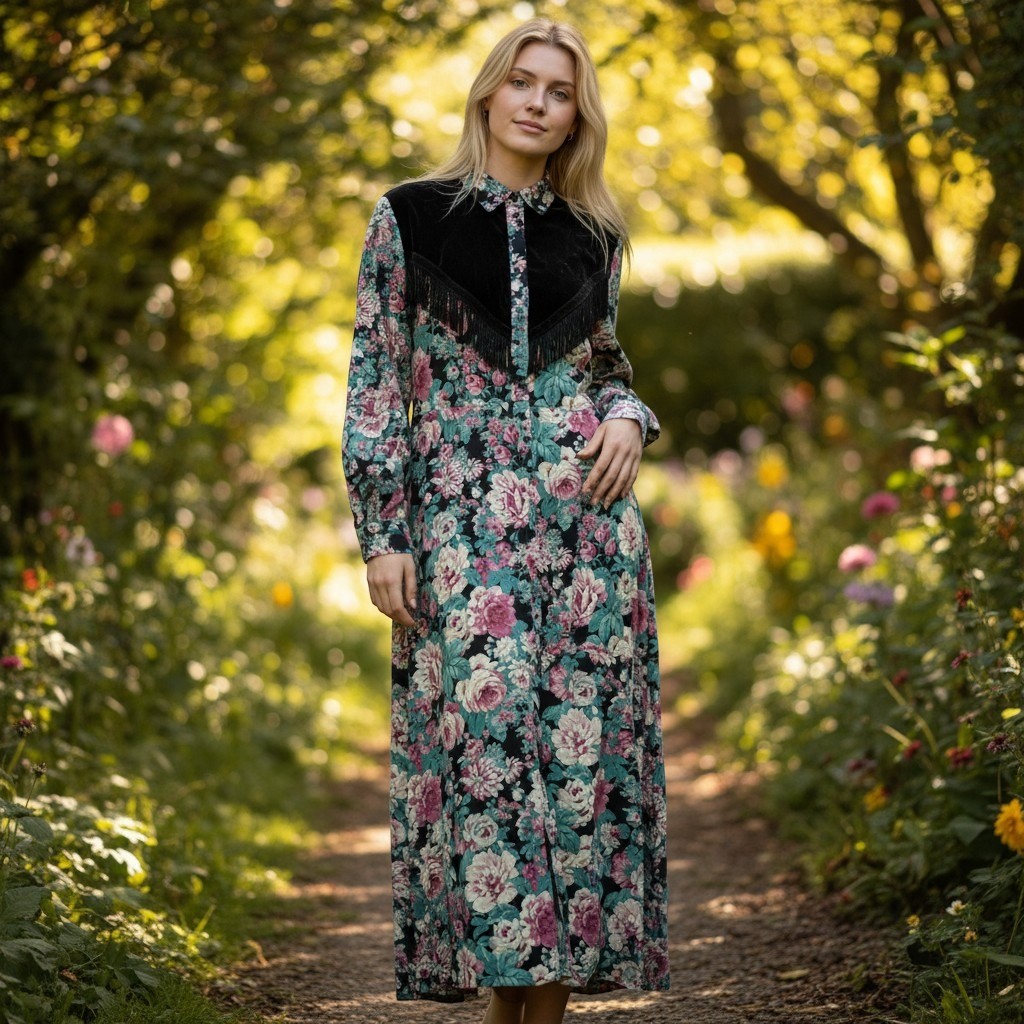 Vintage Panhandle Slim Floral Western Maxi Dress Fringe Pearl Snap Prairiecore