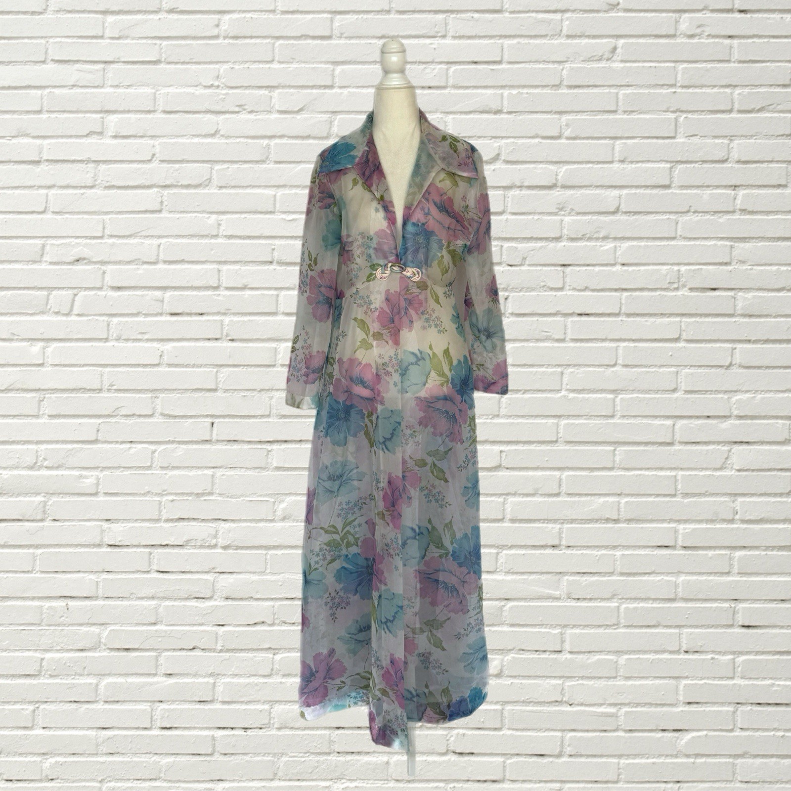 Vintage 70s Sheer Mesh Duster Jacket – Floral Printed Boho Hippie Size M