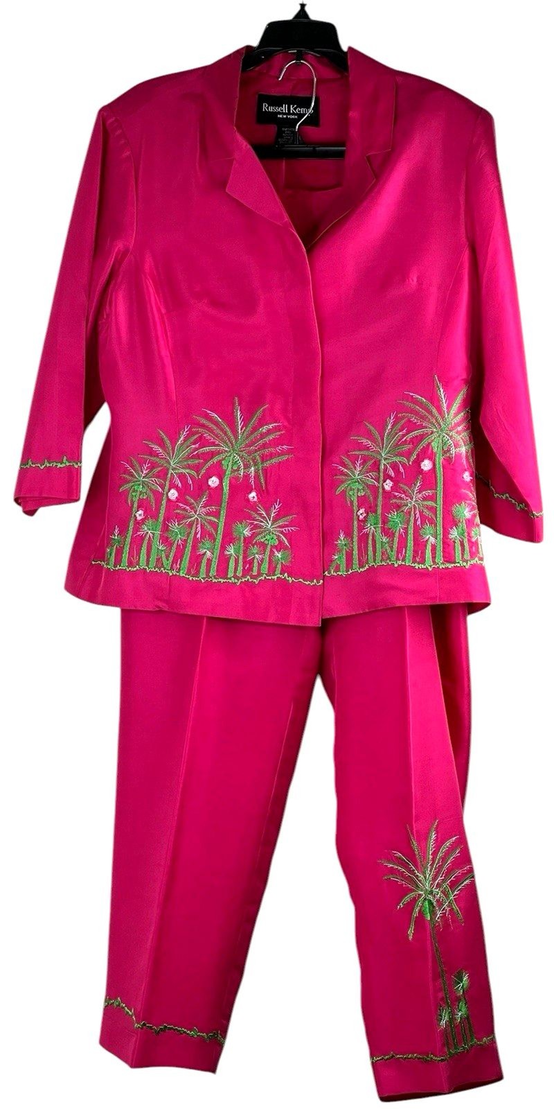 Russell Kemp Vintage Hot Pink Silk Embroidered Tropical Pantsuit Size 12