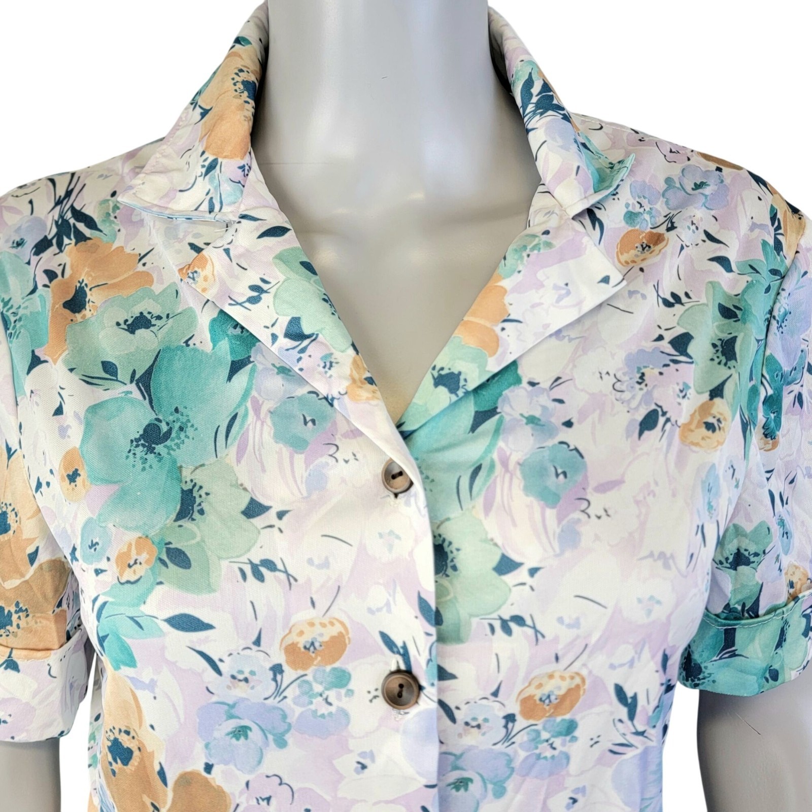 Vintage 70s Nylon Midi Shirt Dress Women Large 12 14 Blue Floral Collar Spring L