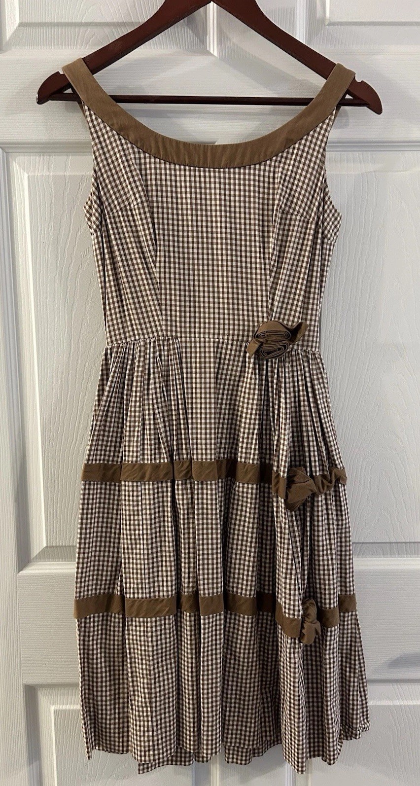 Vintage Cotton 1950’s Gingham Brown And Cream Tea Length Dress, Size XS