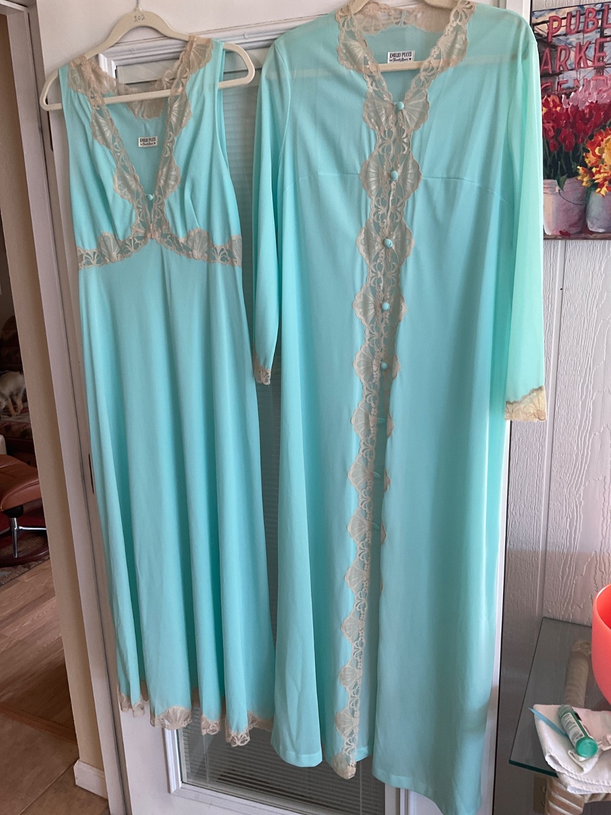 Vtg Emilio Pucci Formfit Rogers Turquoise Lace Nightgown Robe M Peignoir EUC