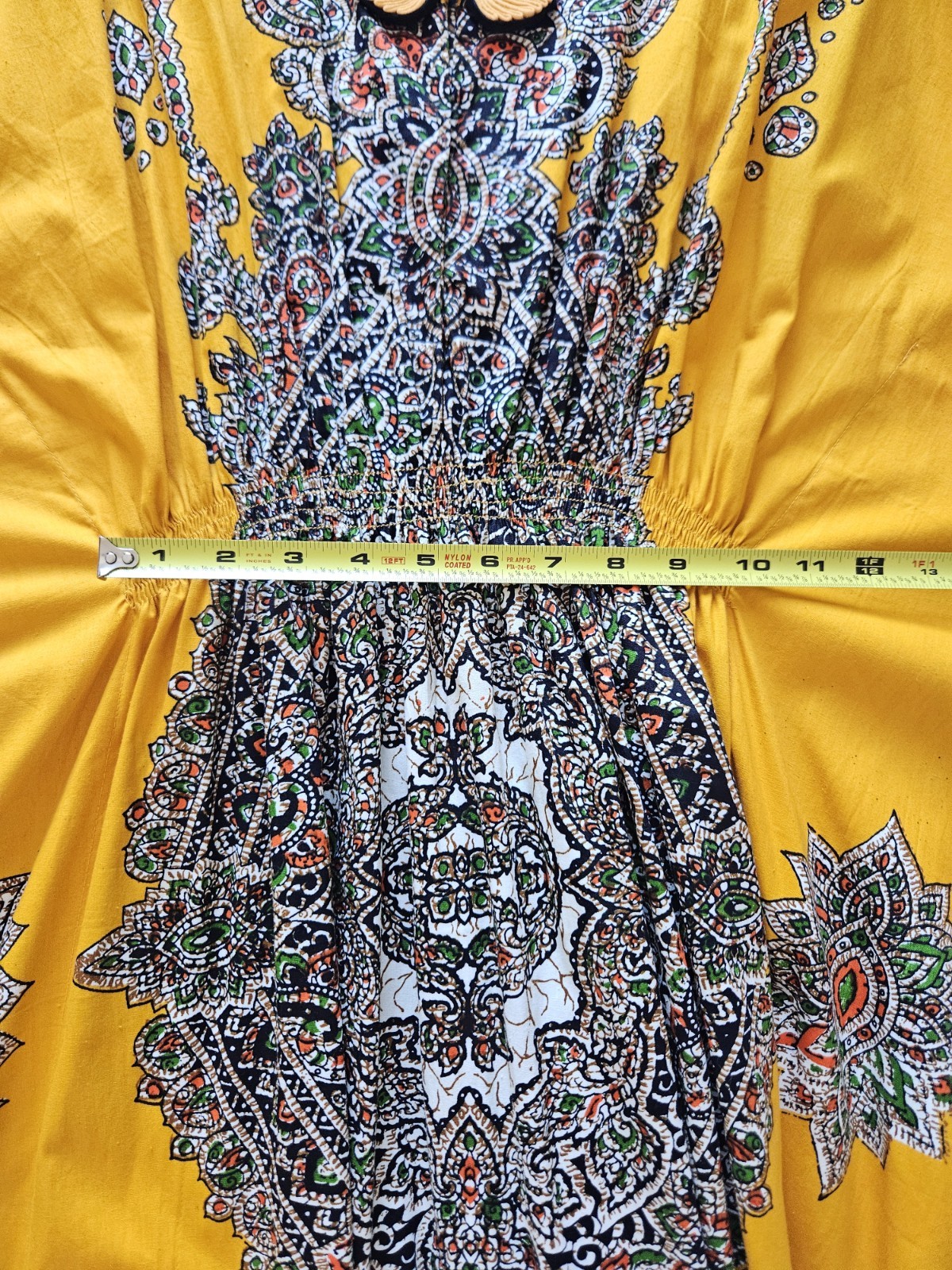 Vtg Thai Cotton Vibrant Yellow Printed Ethnic Asian Maxi Dress Kaftan XS