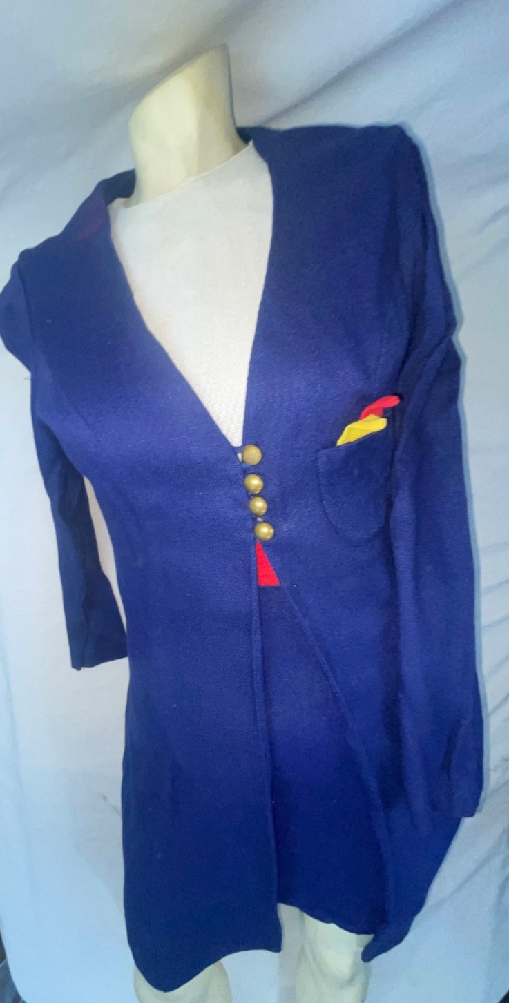 VTG 60S 70S WOMENS S BLUE WHITE RED YELLOW STRIPE DISCO MOD DRESS JACKET SET
