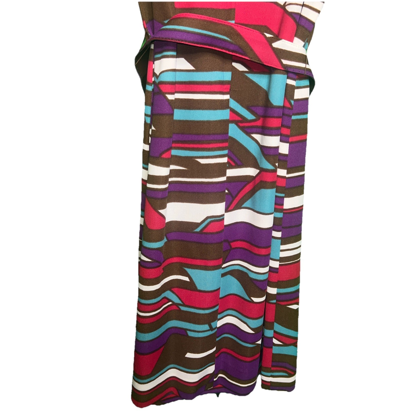 VTG 70’s Brown, teal, white and purple Sleeve Dress M/L Zip Front Midi