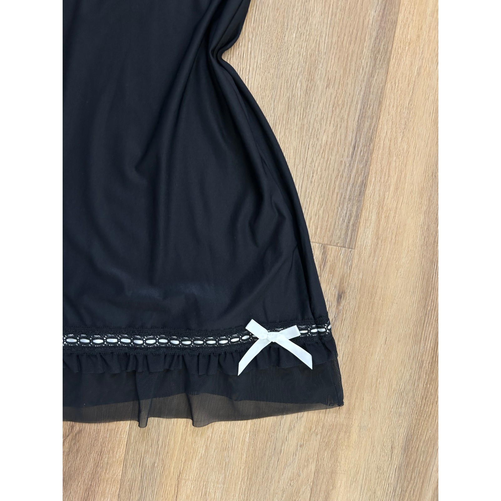 Vintage Black Coquette Slip mini Dress Bows Ruffle Trim sexy lingerie party