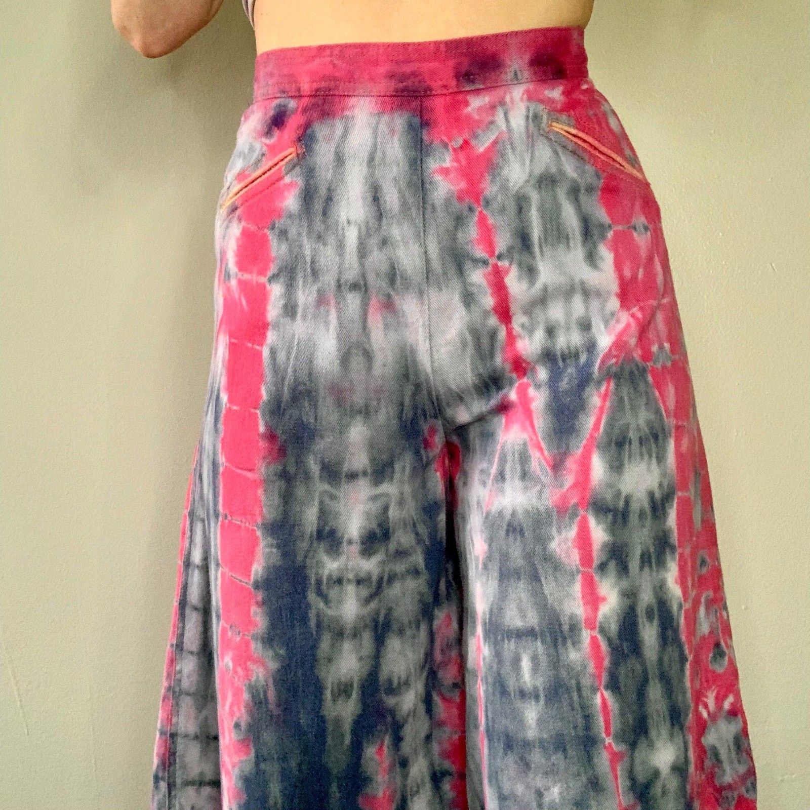 Unique Hand Dyed Vintage Shorts Culottes Blue & Pink Reverse Shibori Tie Dye