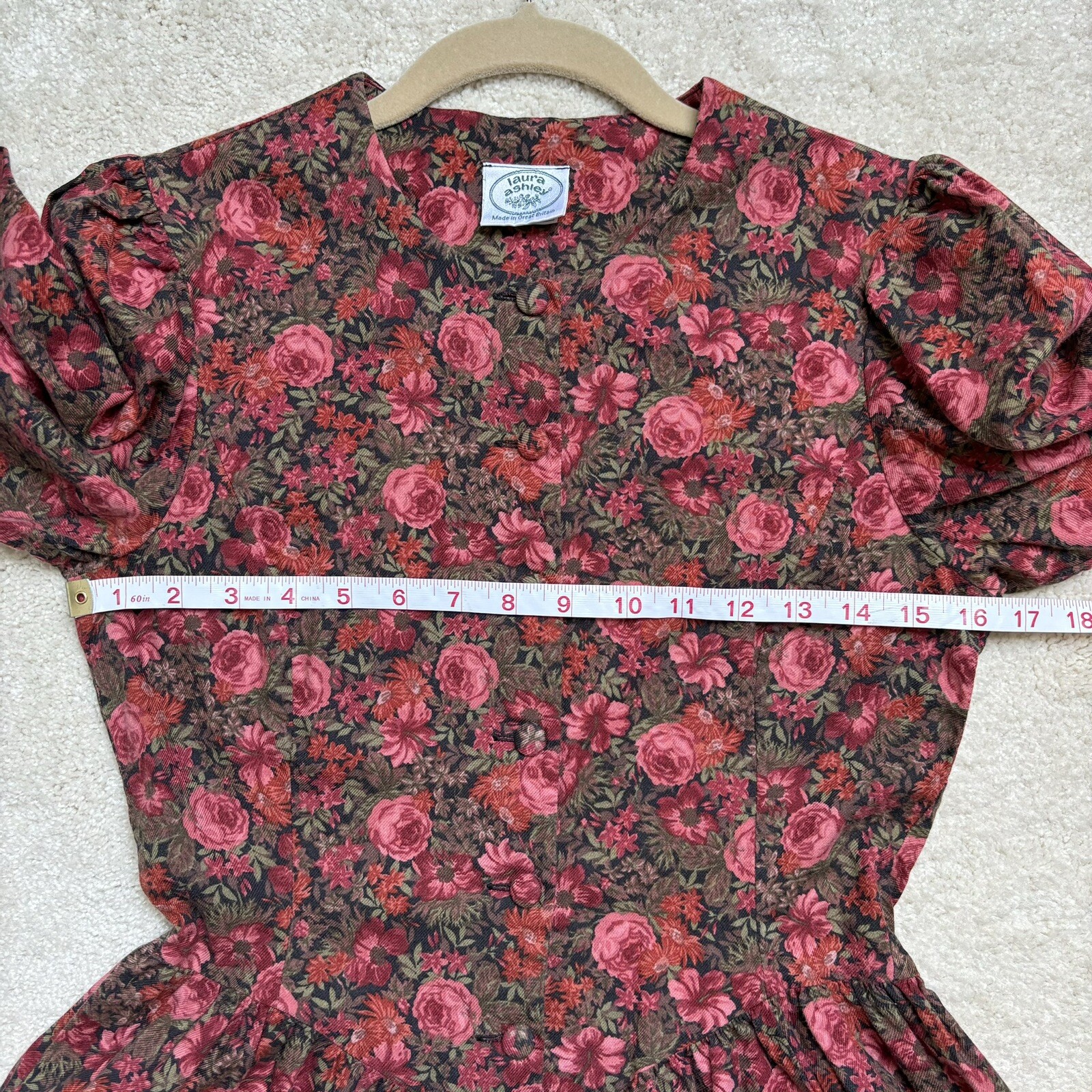 Vintage Laura Ashley Wool Cotton Red Floral Great Britain Dress US 6 UK 10
