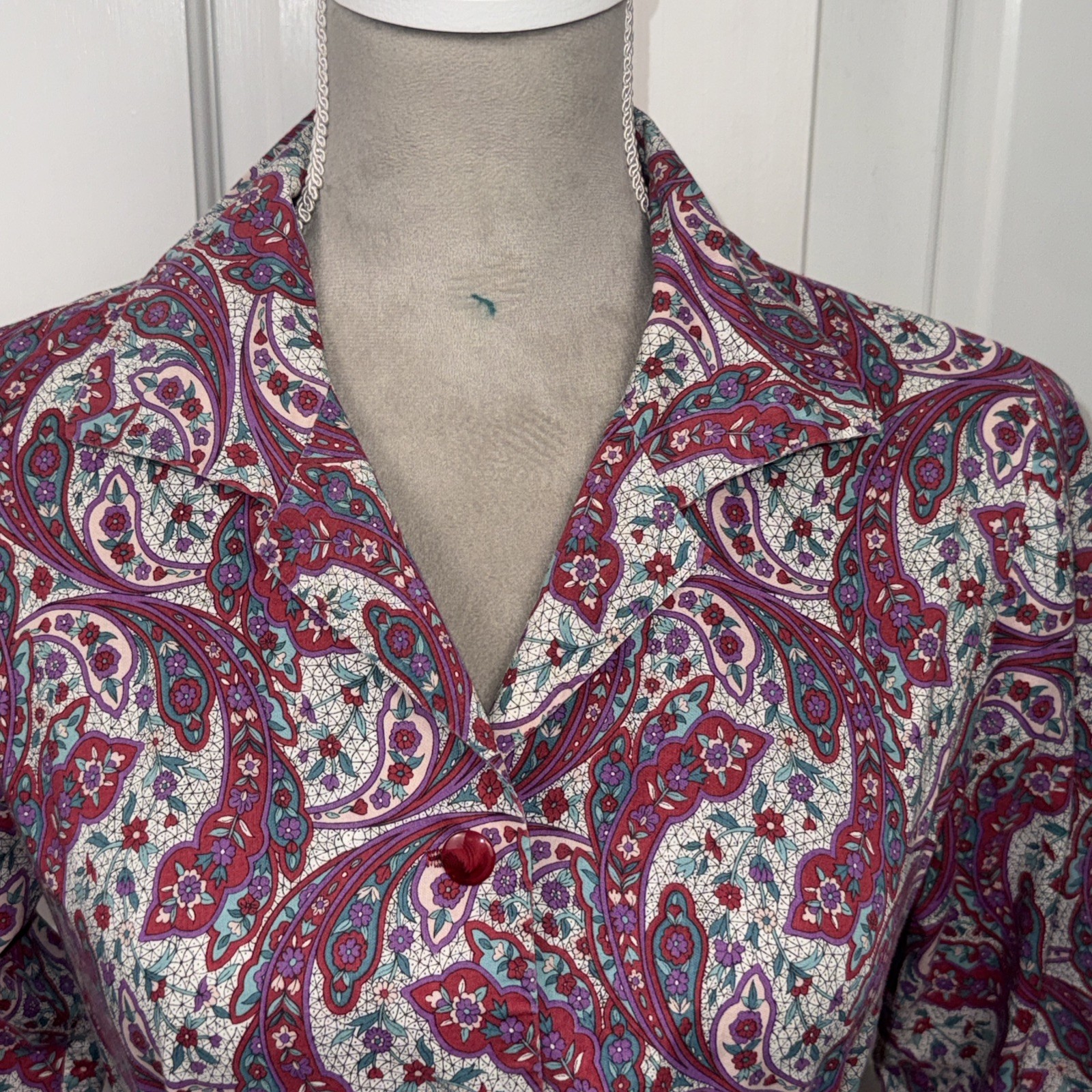 1950’s Handmade Cotton Shirt Dress Fit & Flare Paisley Pockets Medium Belted