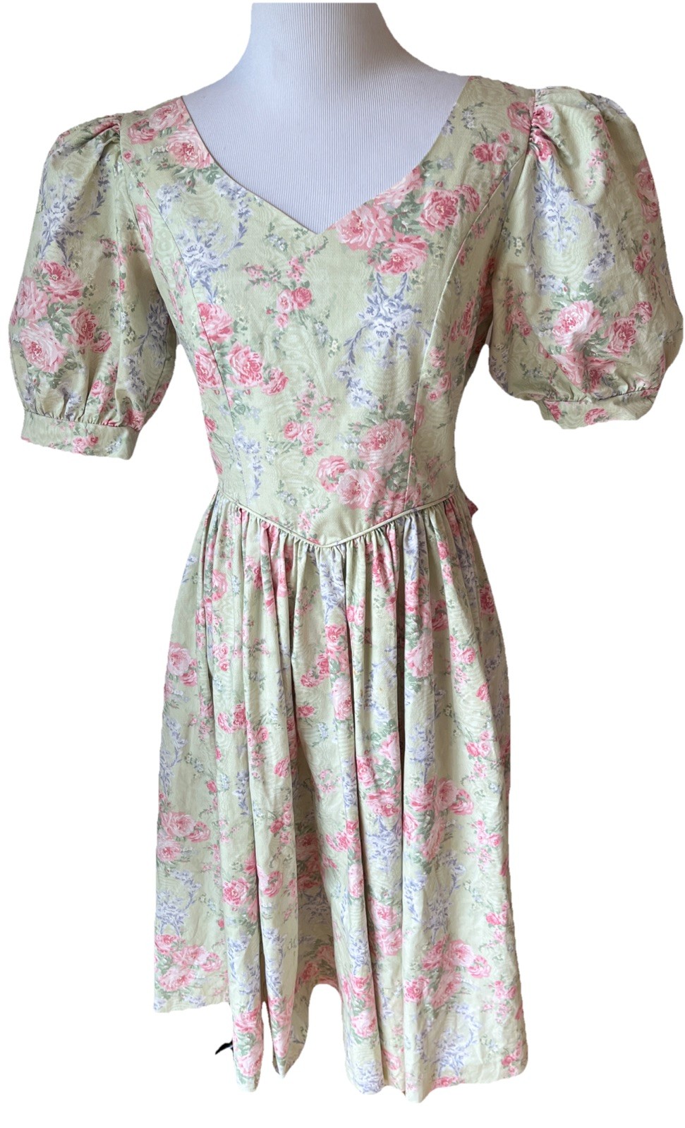 VTg Laura Ashley Dress Size 8 80s Puff Sleeve Floral Bow Green Prairie Cottage