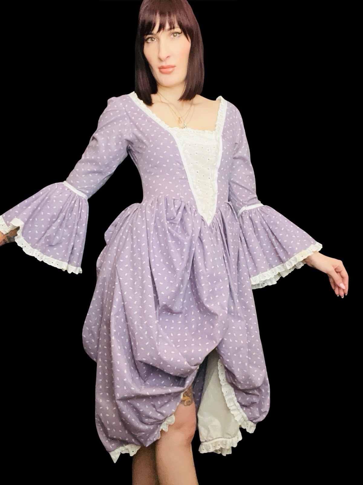 Vintage 1970s Renaissance 18th Century Rococco Floral Cotton Dress Cottagecore