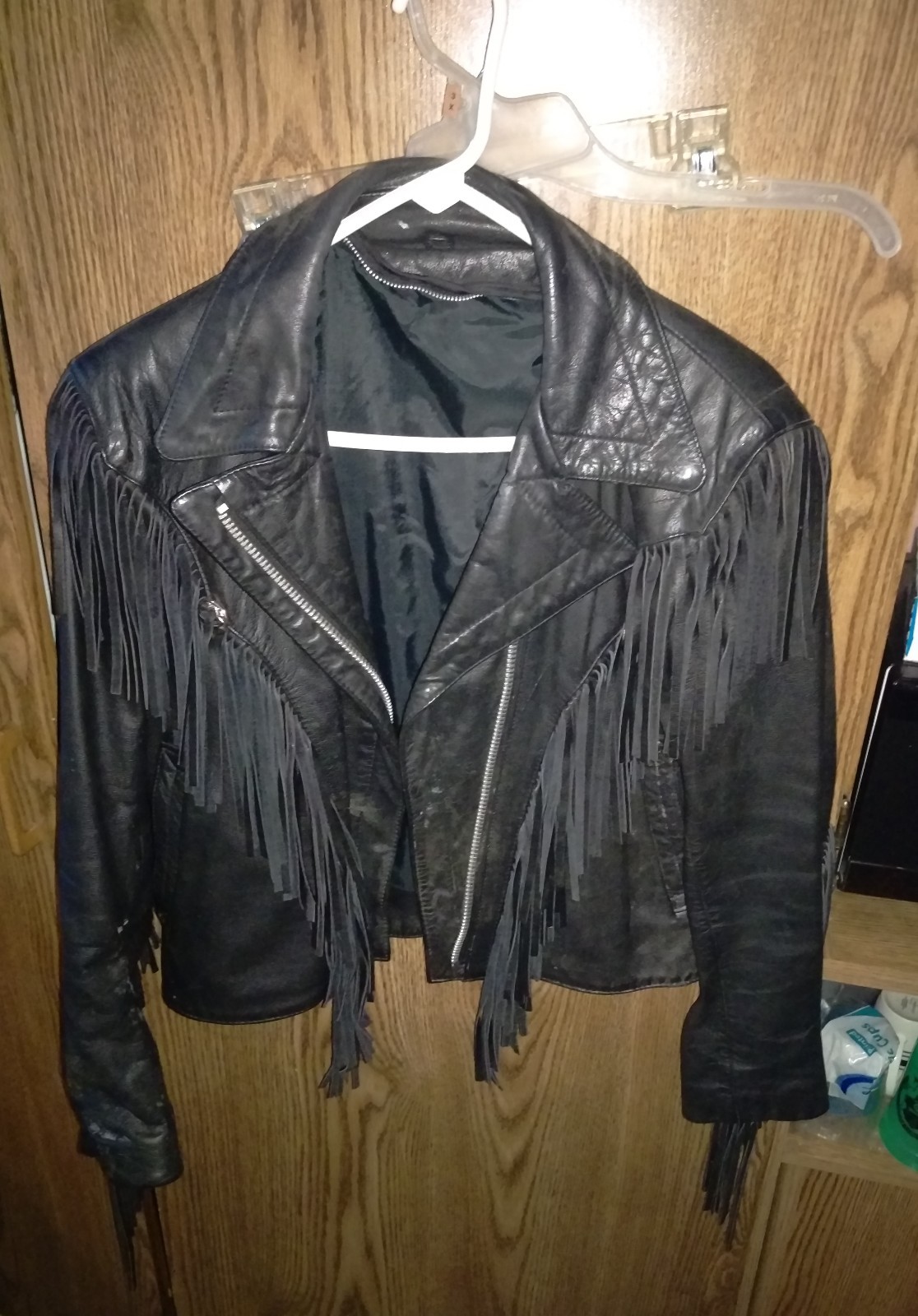 Solid Black Leather Biker Jacket With Frills. Women’s Size 6 Vintage