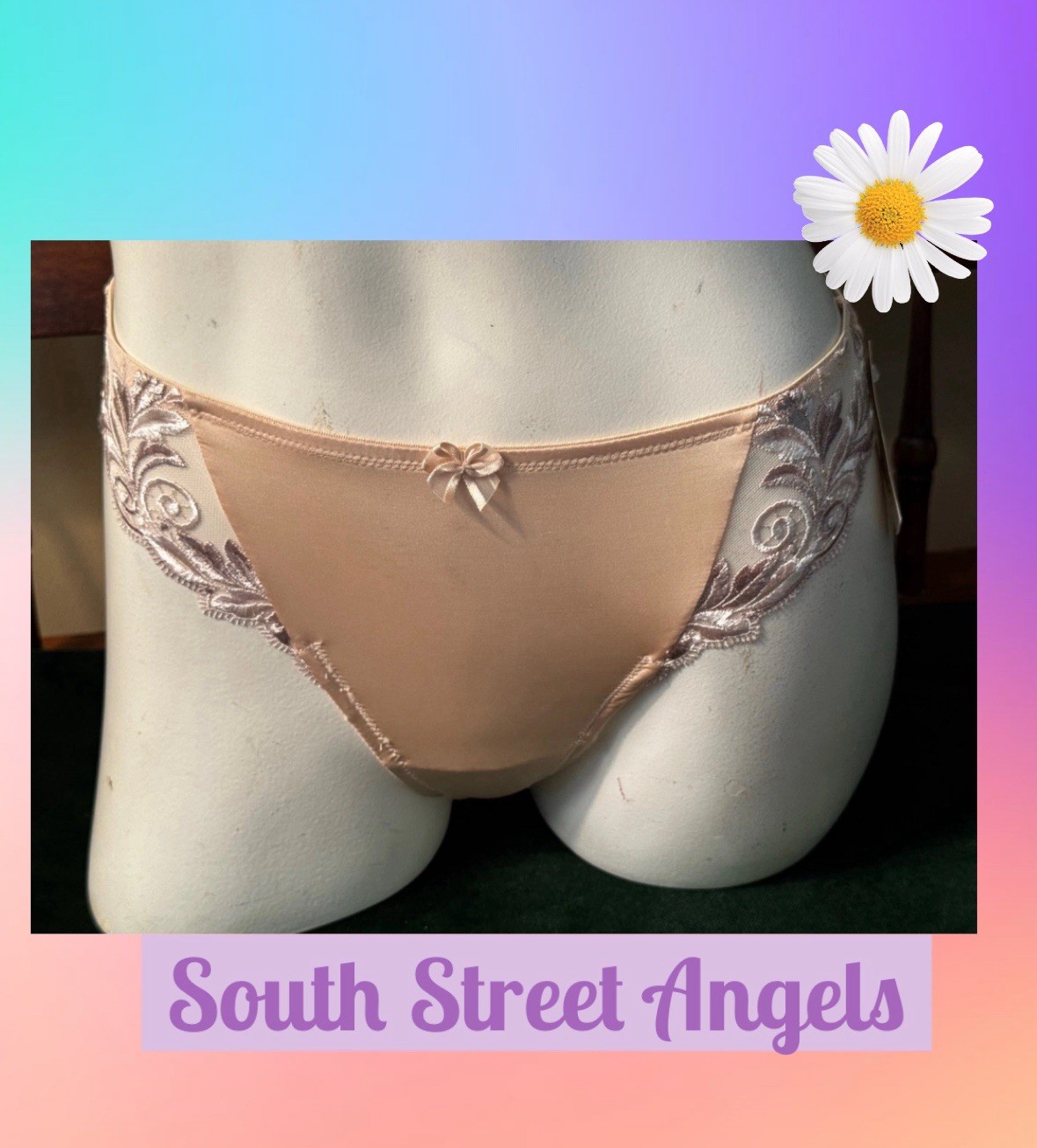 VINTAGE SOMA ~ LIGHT NUDE ~ SENSUOUS LACE THONG PANTIES ~ SIZE SMALL