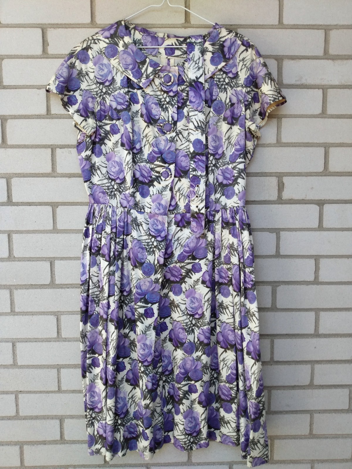 Vintage 50s Purple Rose Dress 42″ Bust 28.5″ Waist Rockabilly Tea Party 60s