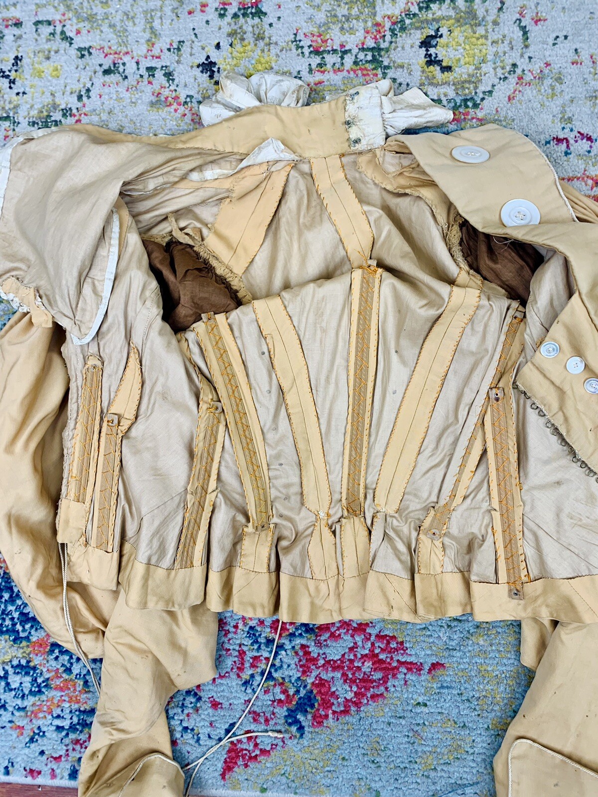 Antique Victorian 1890s Bodice & Skirt Set Tan Silk Leg of Mutton Sleeve AS IS