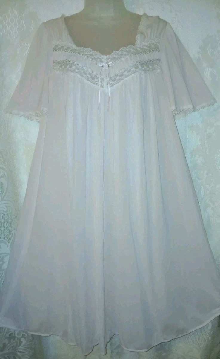 Vintage Miss Elaine Pink Soft Sheer Nylon Floral Lace Babydoll Nightgown M EUC