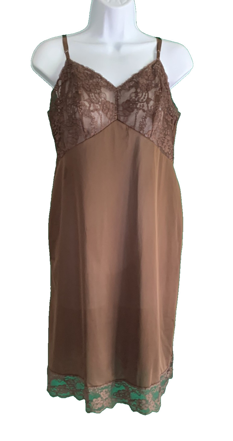Vtg Van Raalte Chocolate Brown Nylon Full Slip Dress Lace Hem Fairy Grunge Sz 36