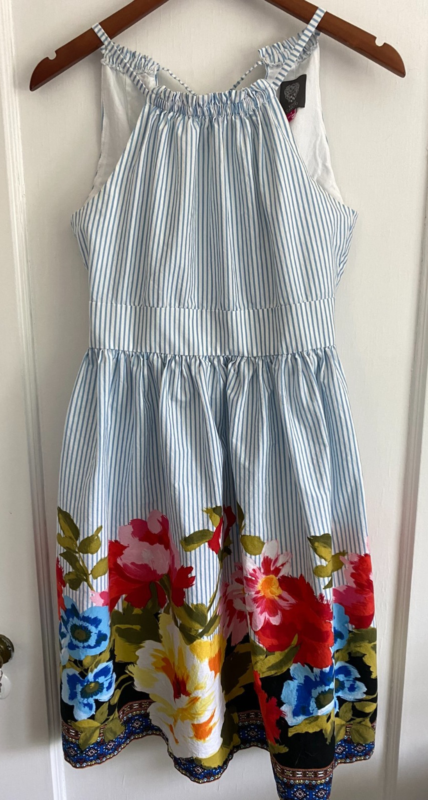 Vince Camuto Seersucker Dress Size 4 Floral Border Halter Sun Dress