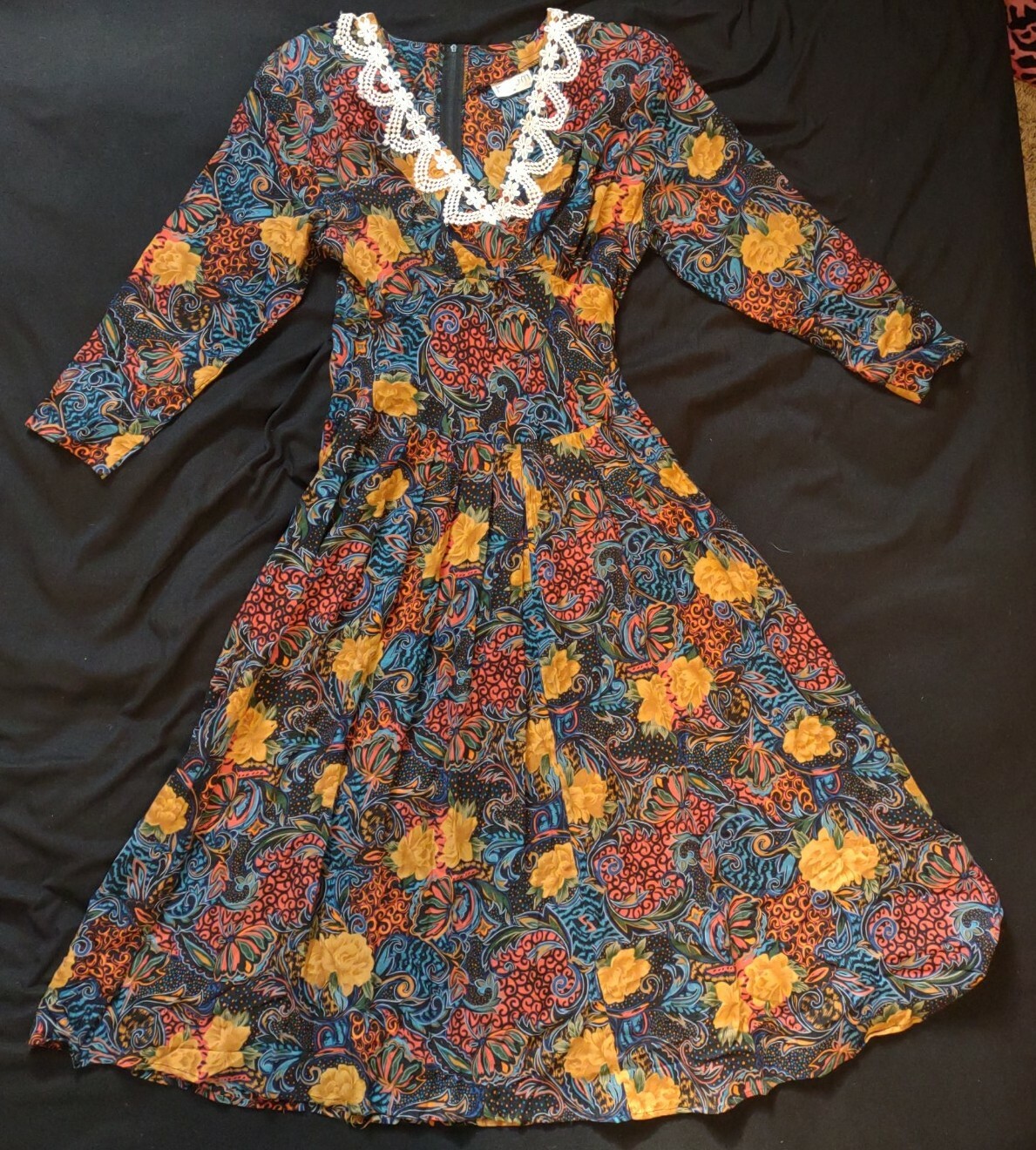 RARE Vintage BOOM Hippie/Bohemian/BOHO Dress, Black Red Blue, Orange Flowers