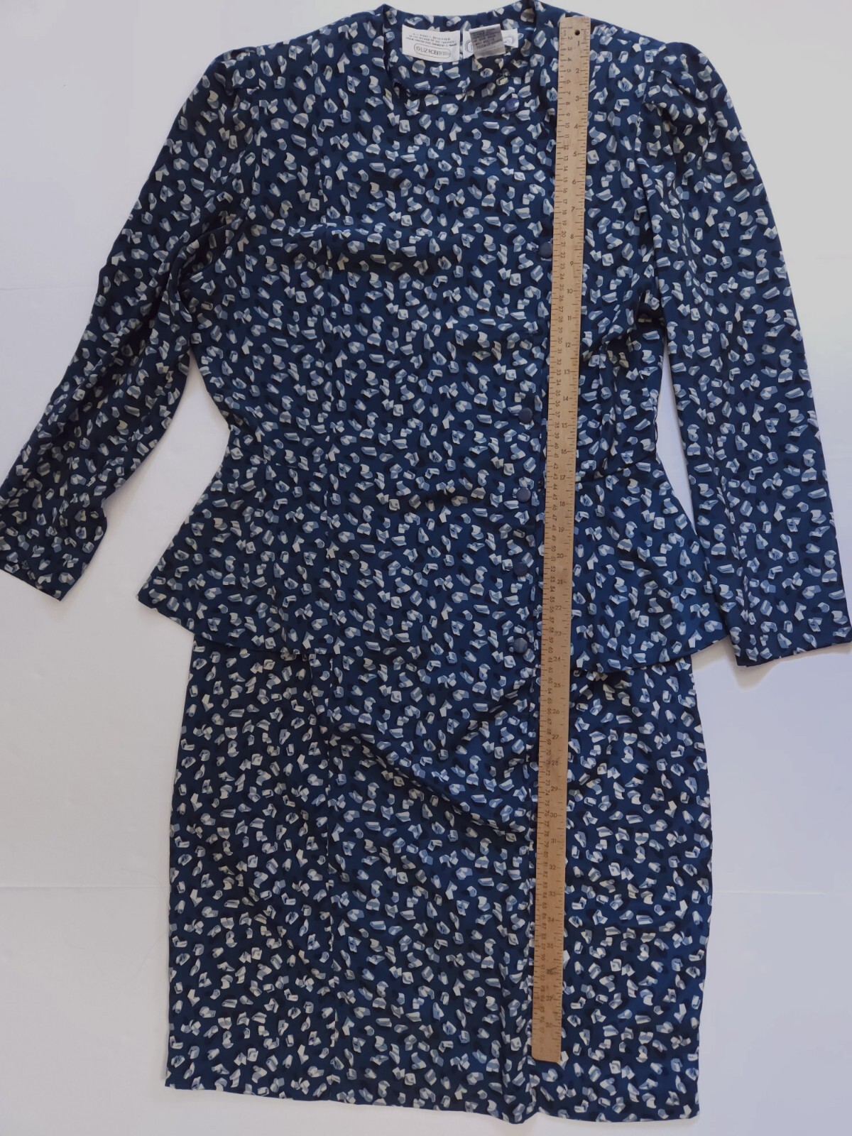 Liz Roberts Petites Vintage Marine Blue Abstract Peplum Dress 80s Women’s Medium