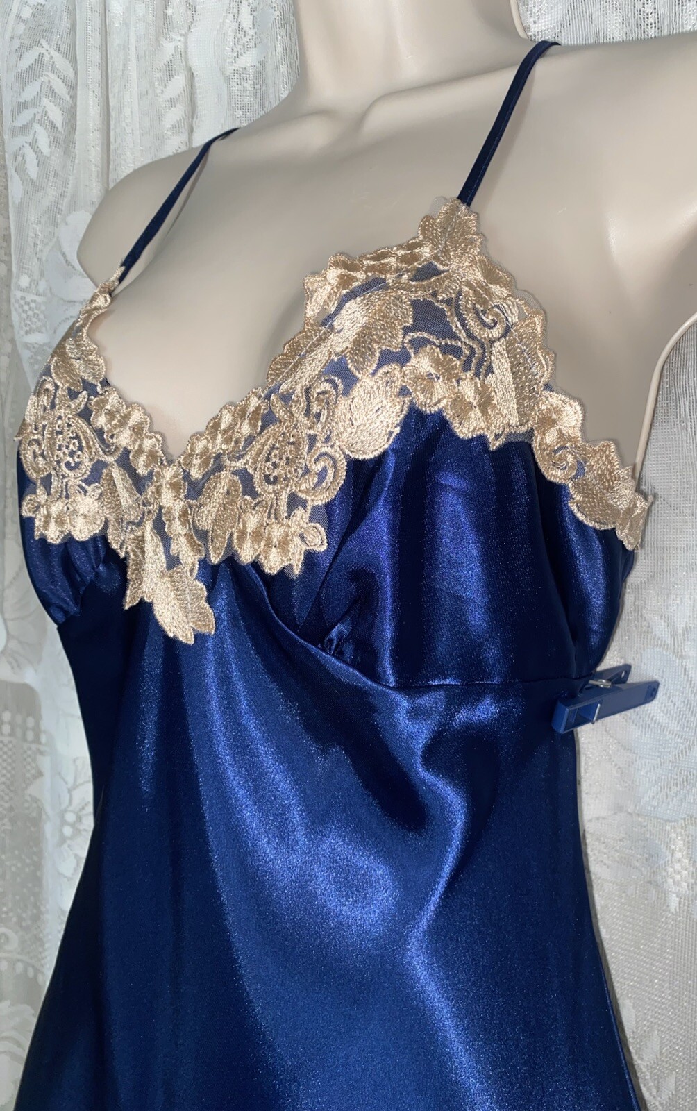 VTG M 34 36 Navy Blue Satin Babydoll Peignoir Robe Nightie Fancy Rose Gold Lace